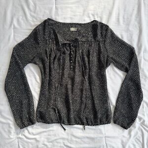 Black Dotted Peasant Blouse with Tie Strings - Women's Long Sleeve Top